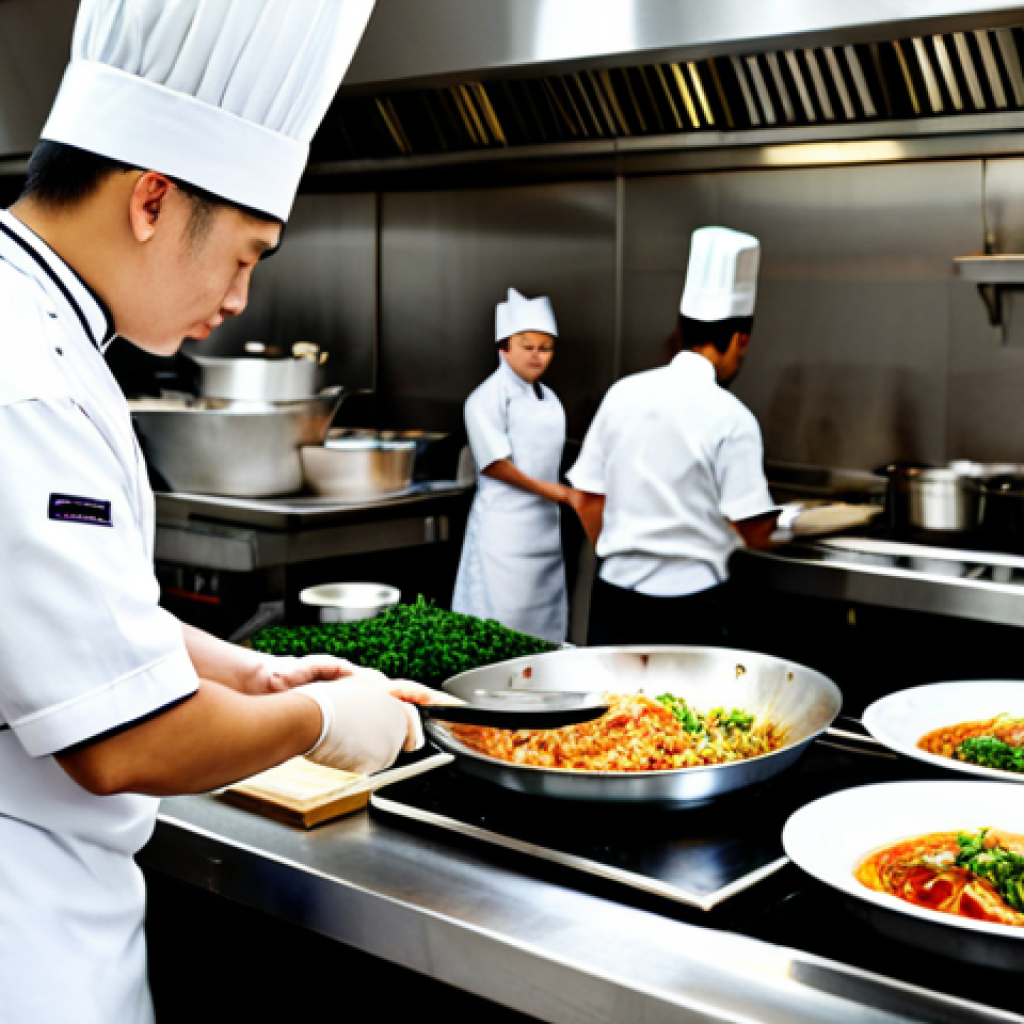 중식조리 자격증 과목별 공부법 - **Prompt:** A professional-looking chef, wearing a clean chef's uniform, expertly wielding a wok in ...