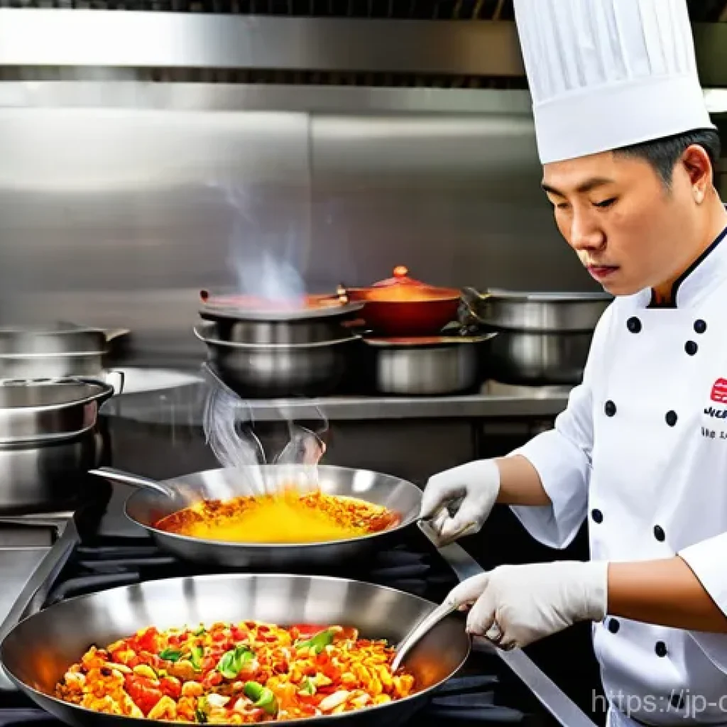 중식조리 자격증 실기 연습 장소 추천 - **A highly focused, professional Chinese chef, wearing a clean, crisp chef's jacket and pants, dynam...