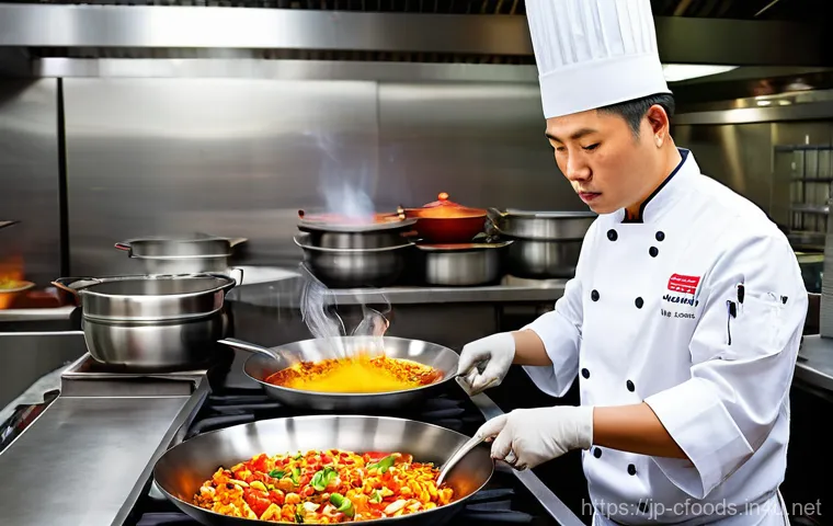 중식조리 자격증 실기 연습 장소 추천 - **A highly focused, professional Chinese chef, wearing a clean, crisp chef's jacket and pants, dynam...
