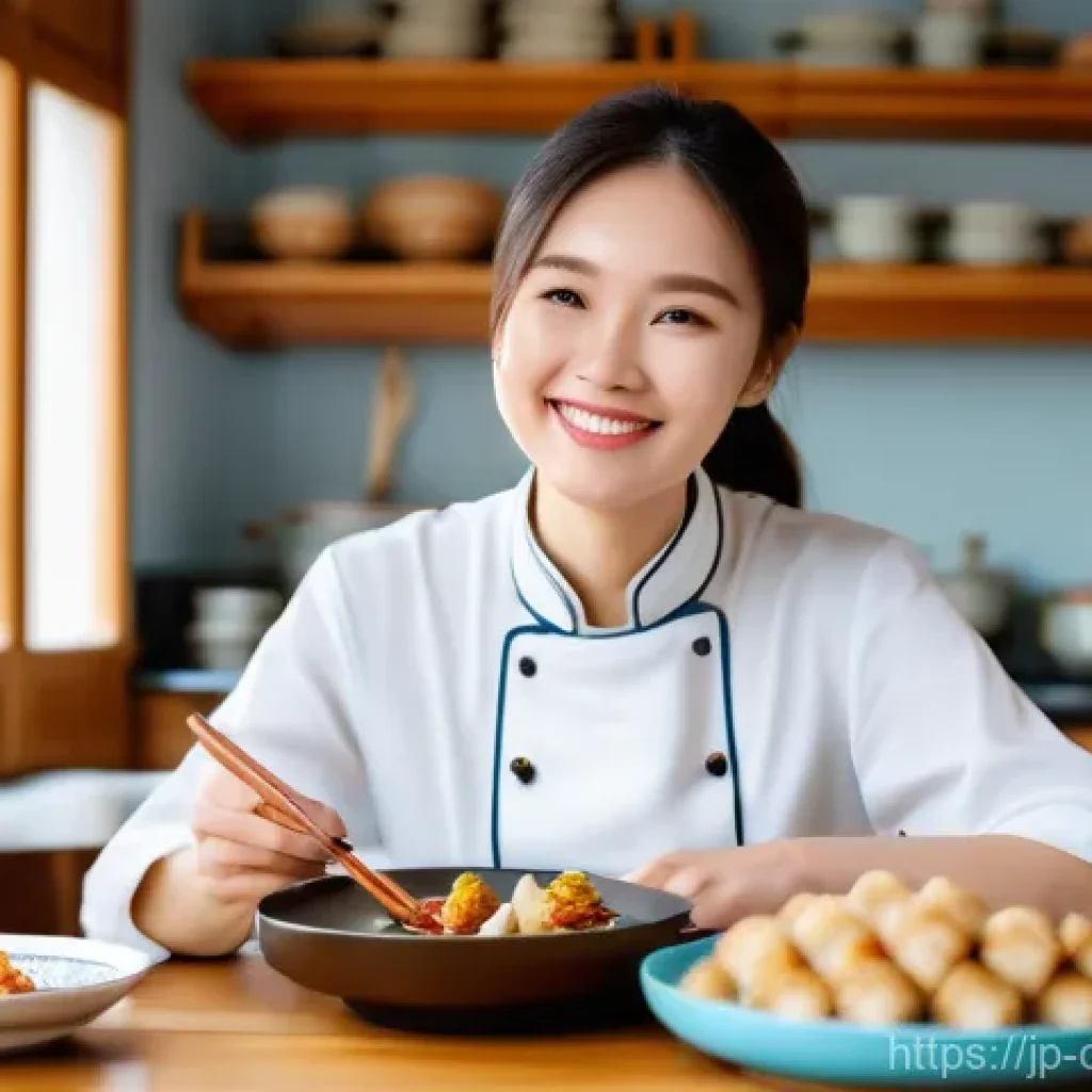 중식조리 자격증 필수 이론 정리 - A joyful female culinary student, appearing to be in her 20s or early 30s, enthusiastically studying...