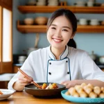 중식조리 자격증 필수 이론 정리 - A joyful female culinary student, appearing to be in her 20s or early 30s, enthusiastically studying...