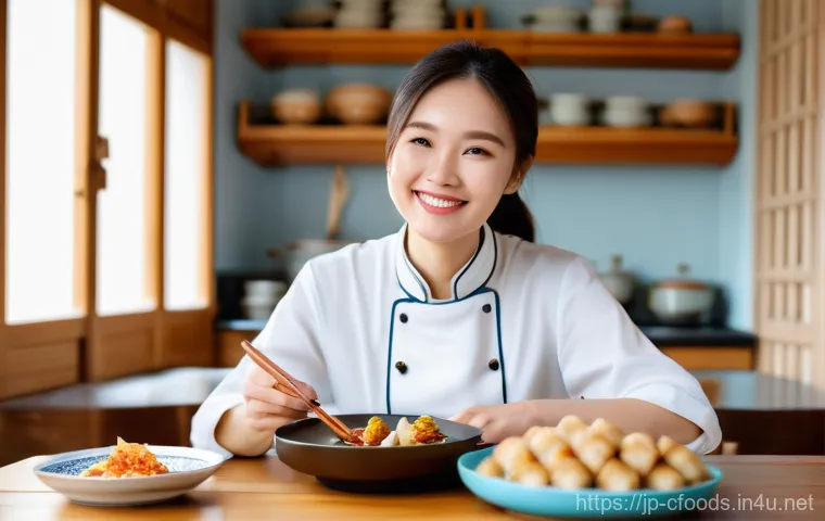 중식조리 자격증 필수 이론 정리 - A joyful female culinary student, appearing to be in her 20s or early 30s, enthusiastically studying...