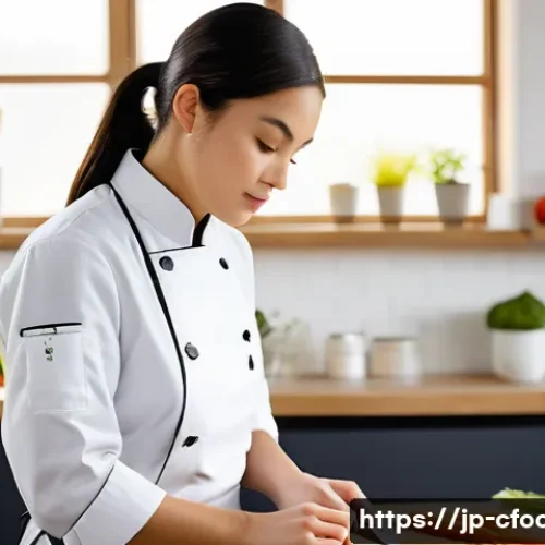 중식조리 자격증 실기 연습의 중요성 - A young, determined female culinary student, in her early 20s, wearing a clean, modern chef's jacket...