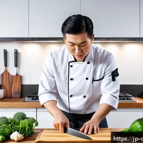 중식조리 자격증 합격을 위한 전략 - A professional Asian chef in a modern kitchen, practicing precise Chinese knife skills with vegetabl...