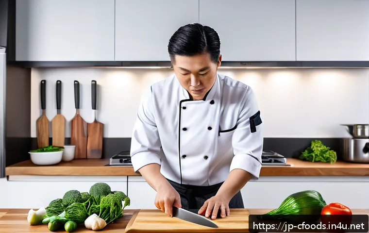 중식조리 자격증 합격을 위한 전략 - A professional Asian chef in a modern kitchen, practicing precise Chinese knife skills with vegetabl...