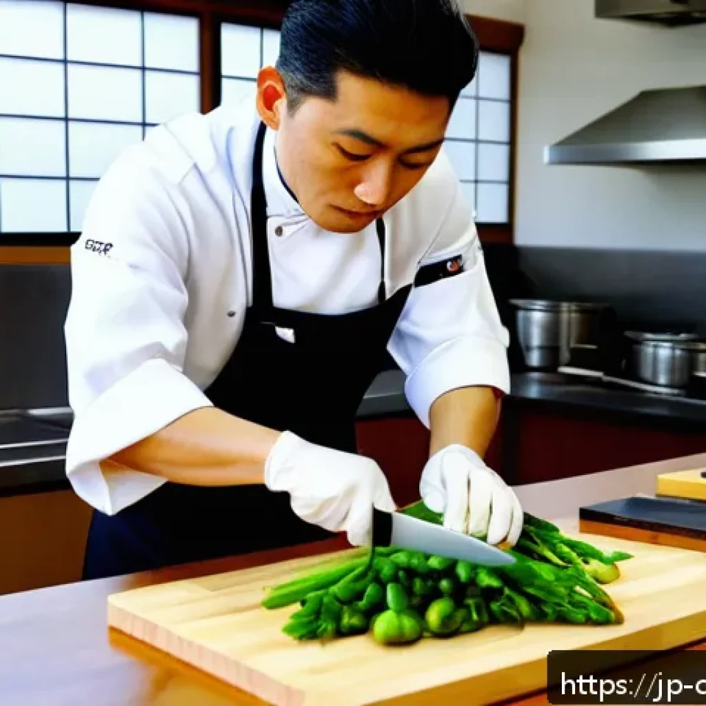 중식조리 자격증 합격 비결 - A professional Japanese chef wearing a clean white chef&rsquo;s jacket and black apron, practicing precise...