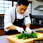 중식조리 자격증 합격 비결 - A professional Japanese chef wearing a clean white chef&rsquo;s jacket and black apron, practicing precise...