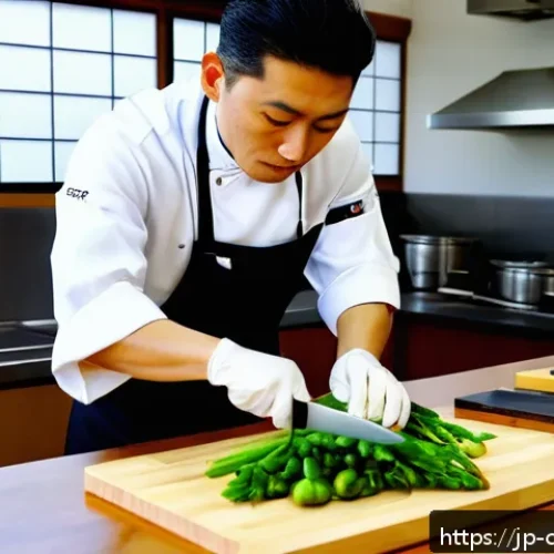 중식조리 자격증 합격 비결 - A professional Japanese chef wearing a clean white chef&rsquo;s jacket and black apron, practicing precise...