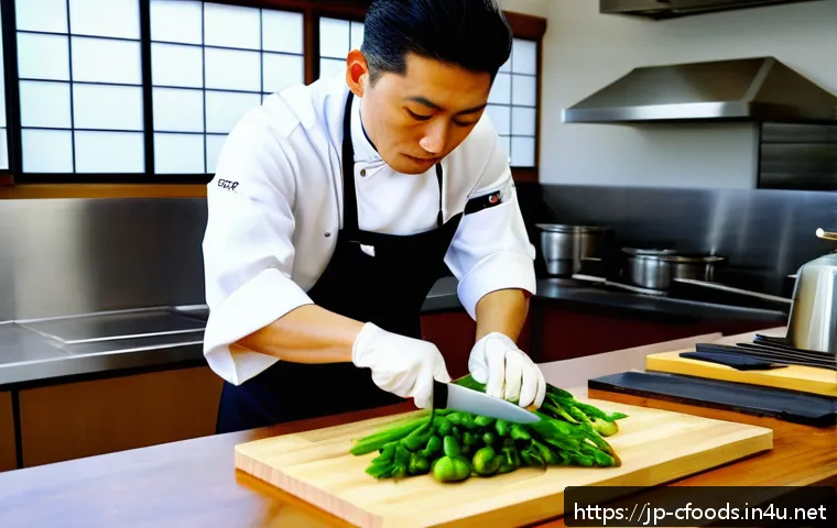 중식조리 자격증 합격 비결 - A professional Japanese chef wearing a clean white chef&rsquo;s jacket and black apron, practicing precise...